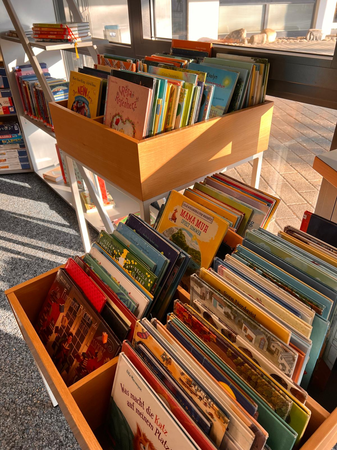 Stöberkisten aus der Bücherei in Horgenzell mit vielen bunten Bücher darin.